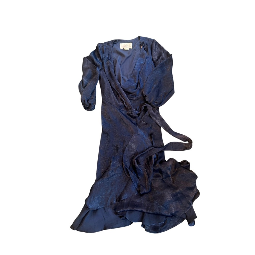 Gal Meets Glam Navy Jennifer Shimmer Satin Wrap Midi Dress Ruffle Hem Size 2 - Picture 3 of 8